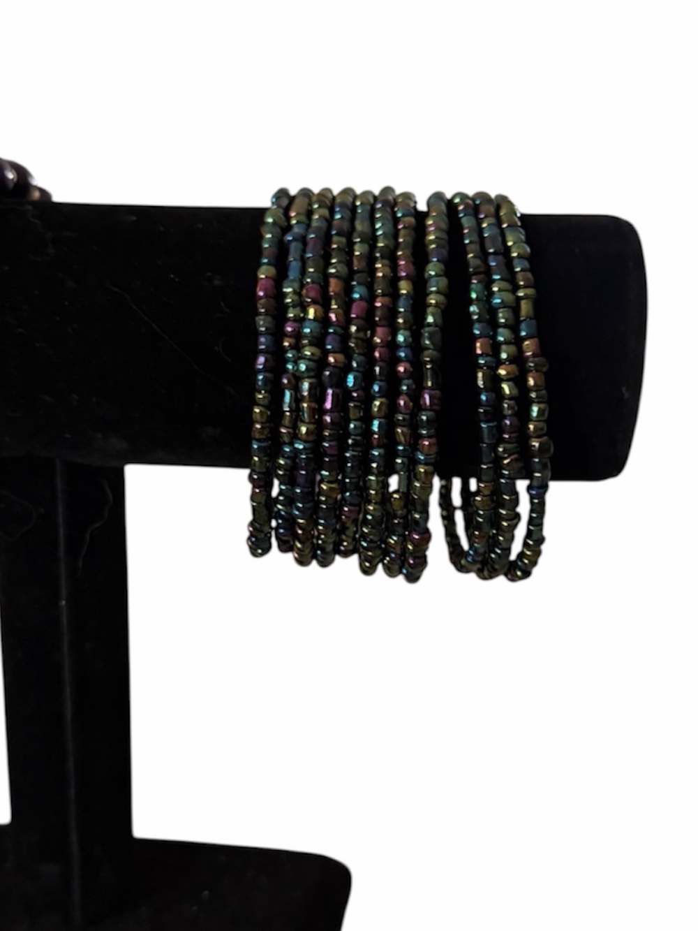 Oil Slick Iridescent Glass Seed Bead Memory Wire Wrap Bracelet | Boho Stackable